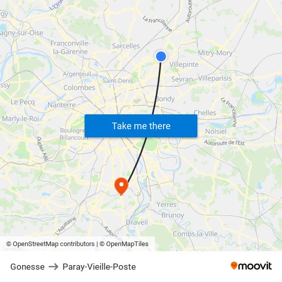 Gonesse to Paray-Vieille-Poste map