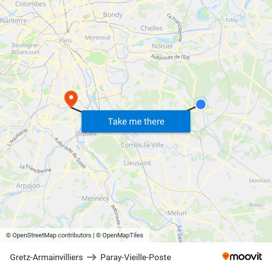 Gretz-Armainvilliers to Paray-Vieille-Poste map