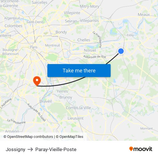 Jossigny to Paray-Vieille-Poste map