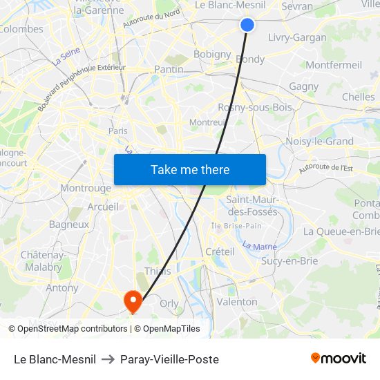 Le Blanc-Mesnil to Paray-Vieille-Poste map