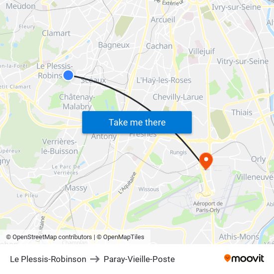 Le Plessis-Robinson to Paray-Vieille-Poste map