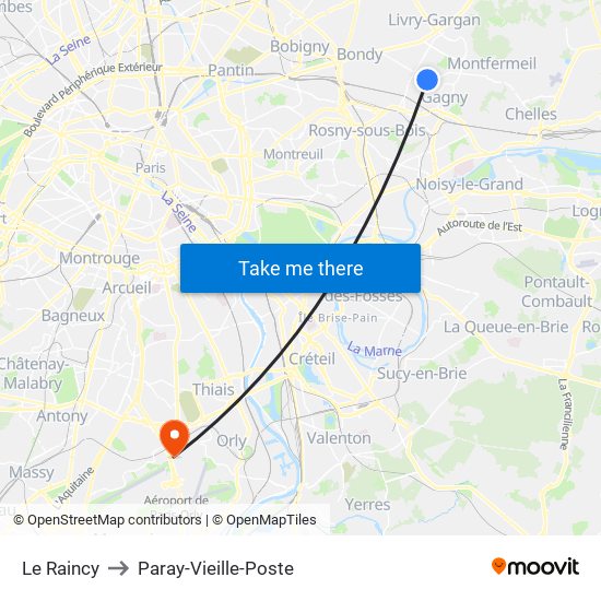 Le Raincy to Paray-Vieille-Poste map