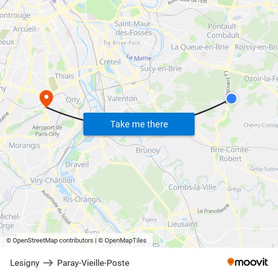 Lesigny to Paray-Vieille-Poste map