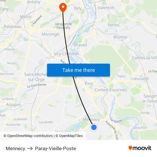 Mennecy to Paray-Vieille-Poste map