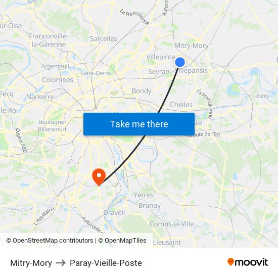 Mitry-Mory to Paray-Vieille-Poste map