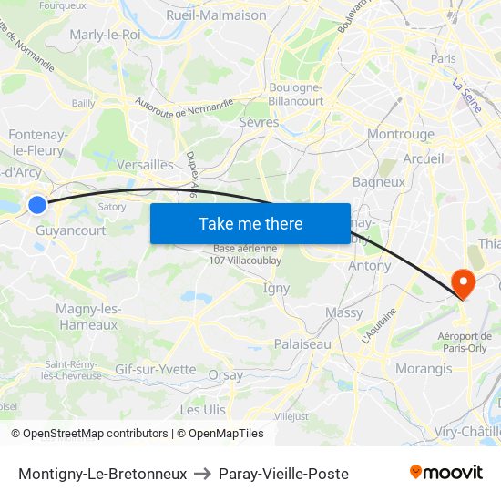 Montigny-Le-Bretonneux to Paray-Vieille-Poste map