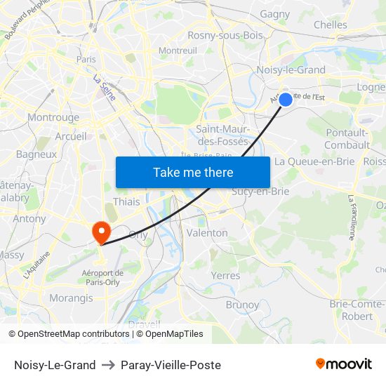 Noisy-Le-Grand to Paray-Vieille-Poste map