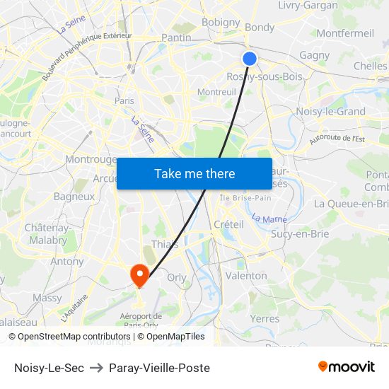 Noisy-Le-Sec to Paray-Vieille-Poste map