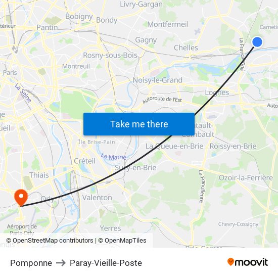 Pomponne to Paray-Vieille-Poste map