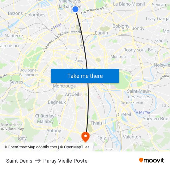 Saint-Denis to Paray-Vieille-Poste map