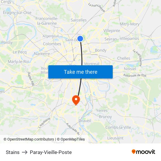 Stains to Paray-Vieille-Poste map