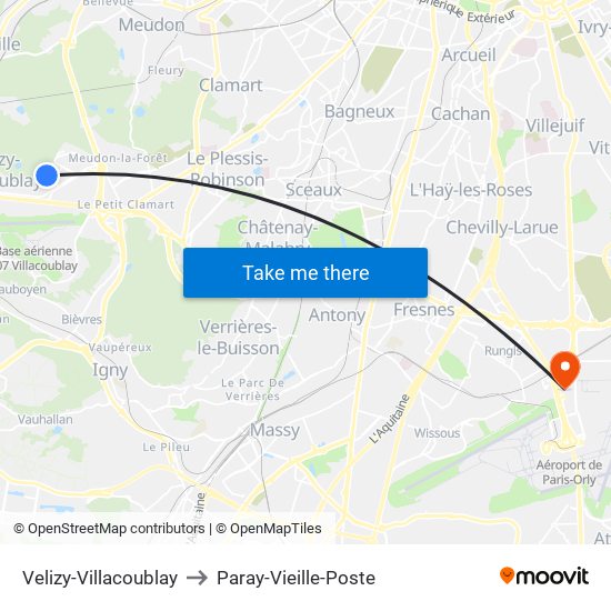 Velizy-Villacoublay to Paray-Vieille-Poste map