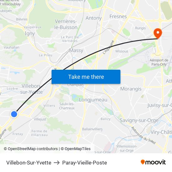 Villebon-Sur-Yvette to Paray-Vieille-Poste map
