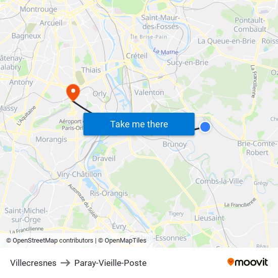 Villecresnes to Paray-Vieille-Poste map