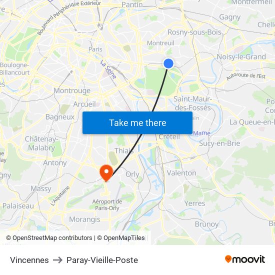 Vincennes to Paray-Vieille-Poste map