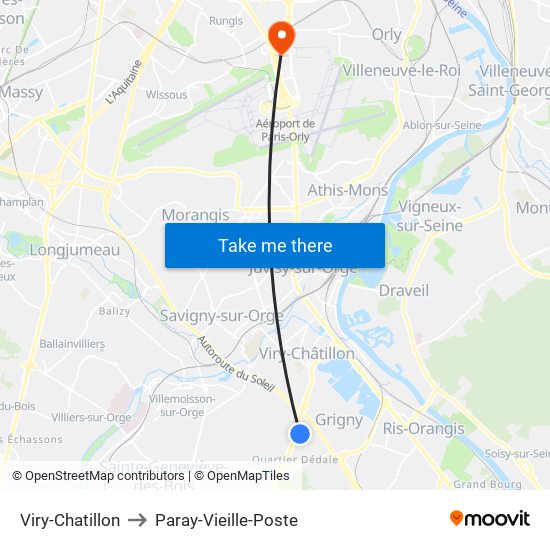 Viry-Chatillon to Paray-Vieille-Poste map