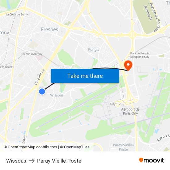 Wissous to Paray-Vieille-Poste map