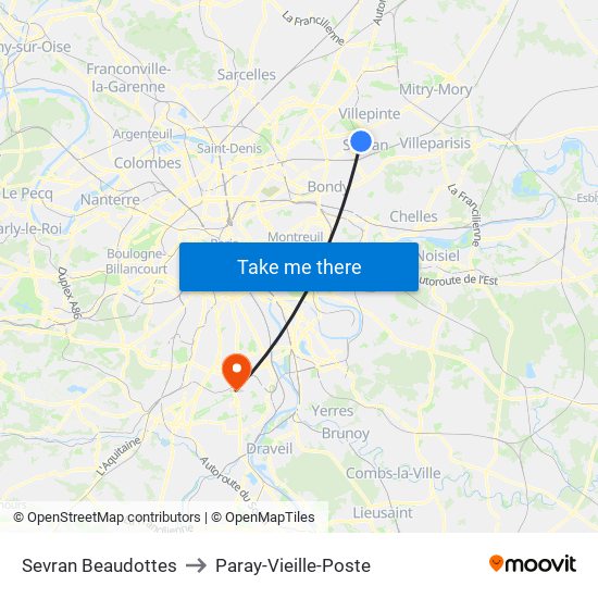 Sevran Beaudottes to Paray-Vieille-Poste map