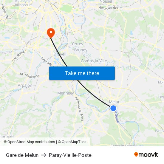 Gare de Melun to Paray-Vieille-Poste map