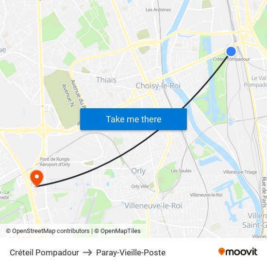 Créteil Pompadour to Paray-Vieille-Poste map