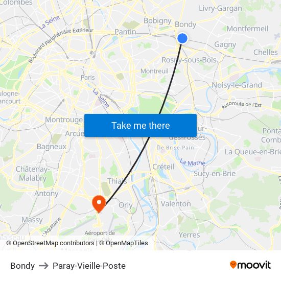 Bondy to Paray-Vieille-Poste map