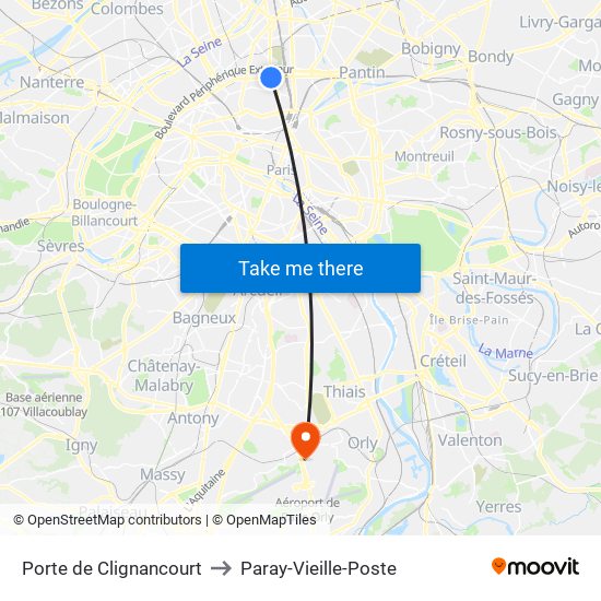 Porte de Clignancourt to Paray-Vieille-Poste map