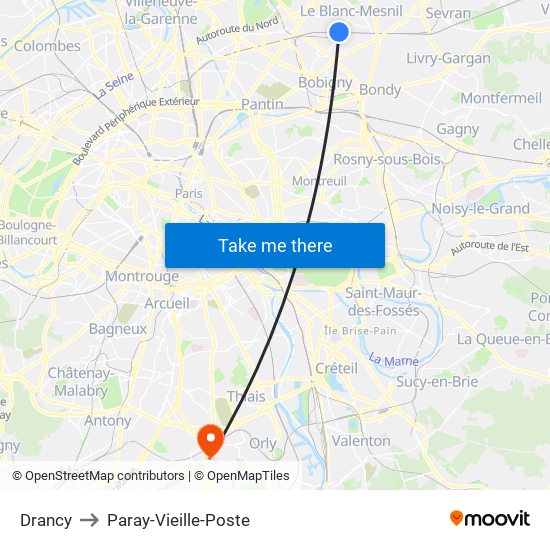 Drancy to Paray-Vieille-Poste map