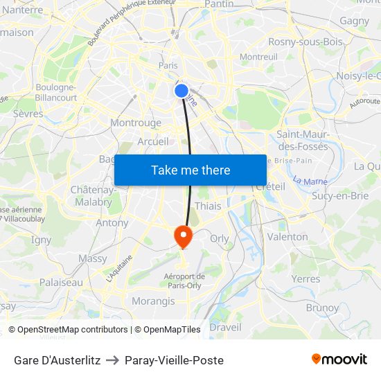 Gare D'Austerlitz to Paray-Vieille-Poste map