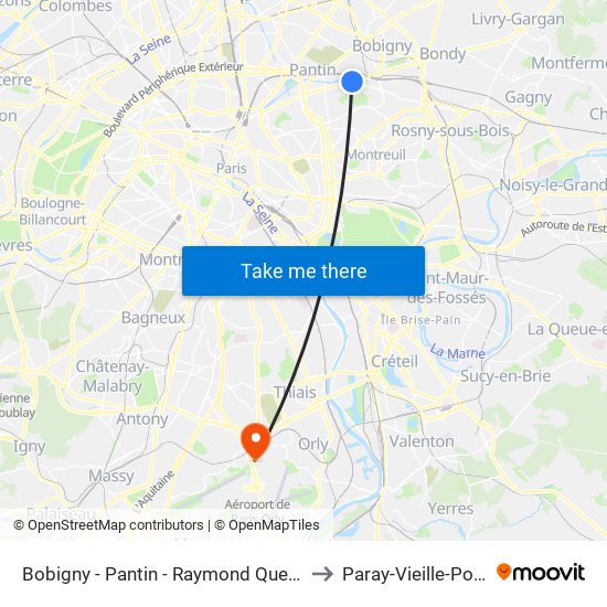 Bobigny - Pantin - Raymond Queneau to Paray-Vieille-Poste map