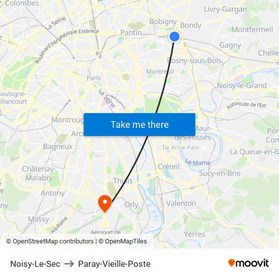 Noisy-Le-Sec to Paray-Vieille-Poste map