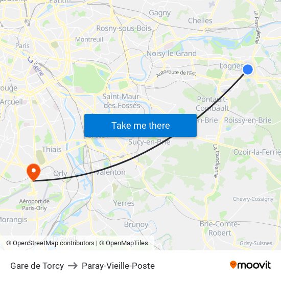 Gare de Torcy to Paray-Vieille-Poste map