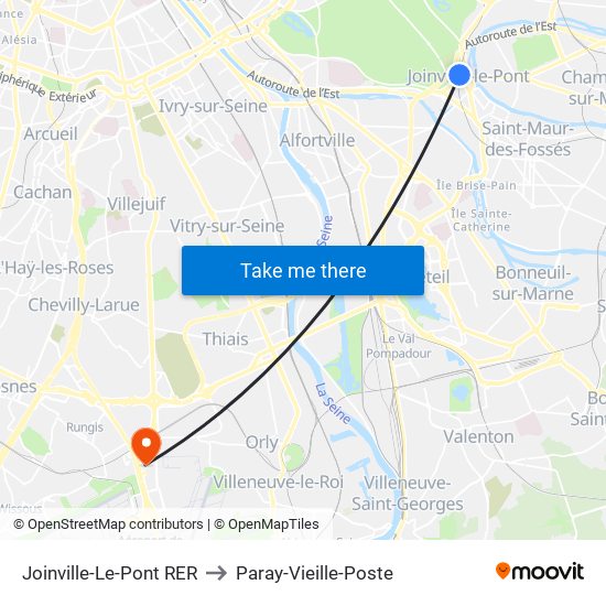 Joinville-Le-Pont RER to Paray-Vieille-Poste map