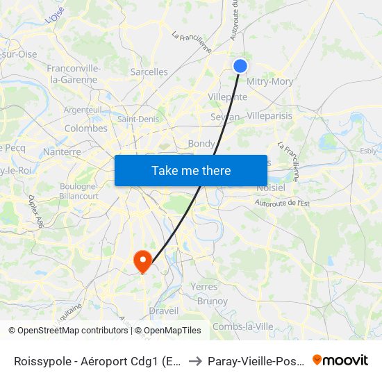 Roissypole - Aéroport Cdg1 (E2) to Paray-Vieille-Poste map