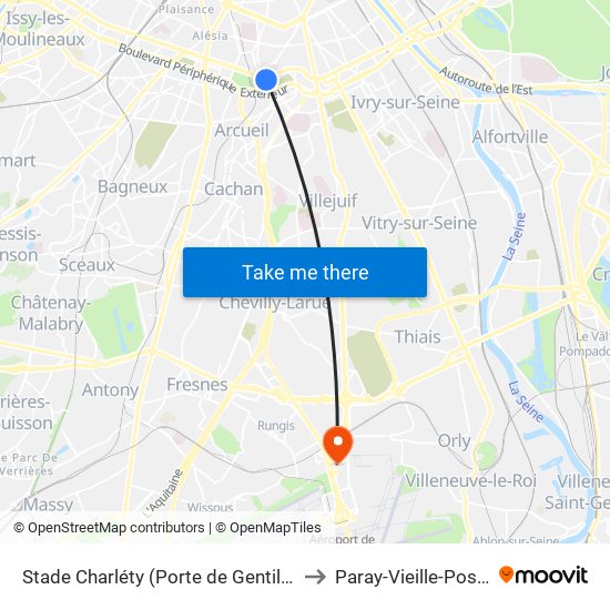 Stade Charléty (Porte de Gentilly) to Paray-Vieille-Poste map