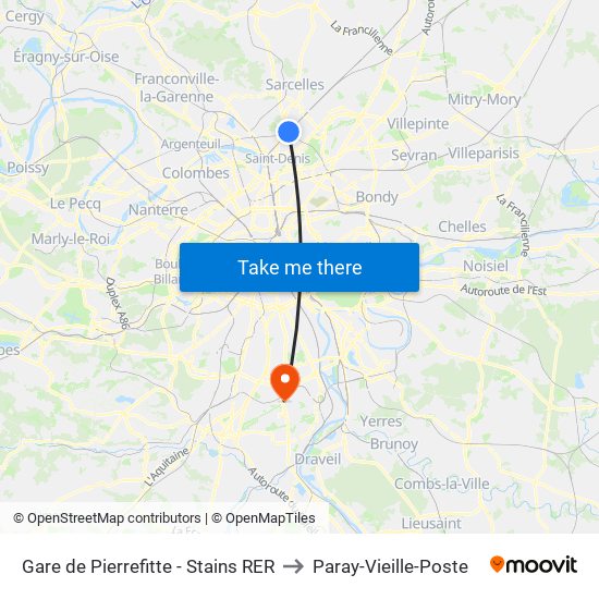 Gare de Pierrefitte - Stains RER to Paray-Vieille-Poste map