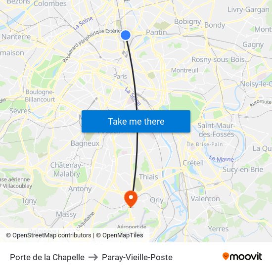 Porte de la Chapelle to Paray-Vieille-Poste map