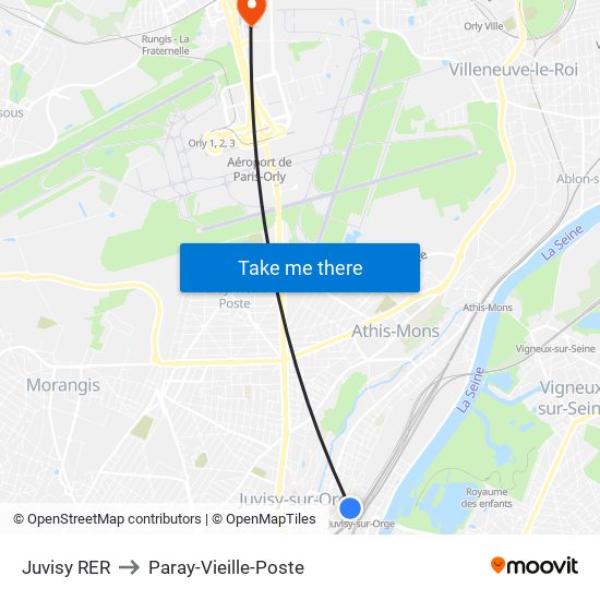 Juvisy RER to Paray-Vieille-Poste map