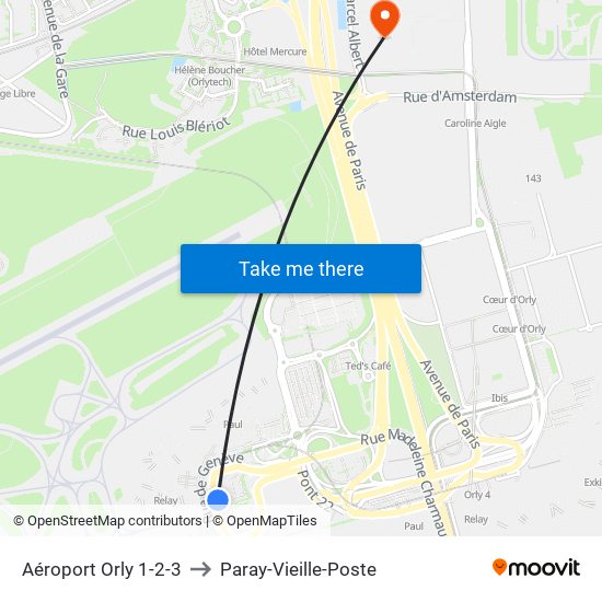 Aéroport Orly 1-2-3 to Paray-Vieille-Poste map