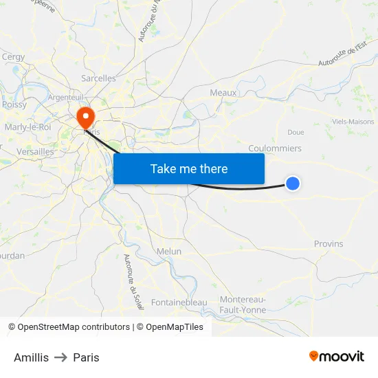 Amillis to Paris map