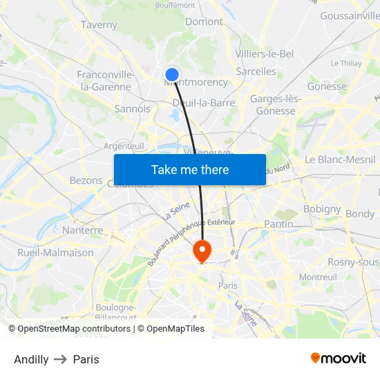 Andilly to Paris map