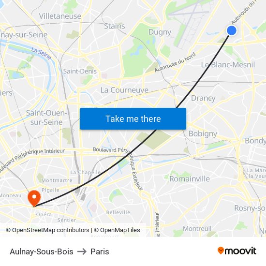 Aulnay-Sous-Bois to Paris map