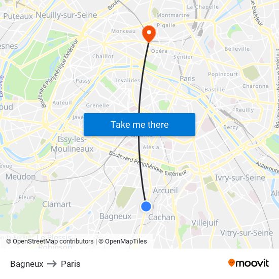 Bagneux to Paris map