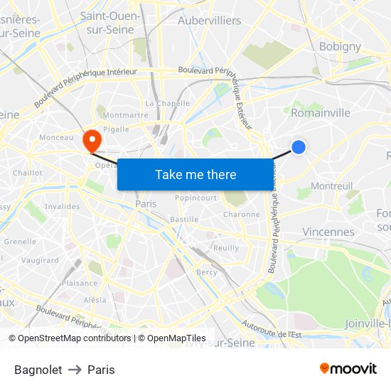 Bagnolet to Paris map