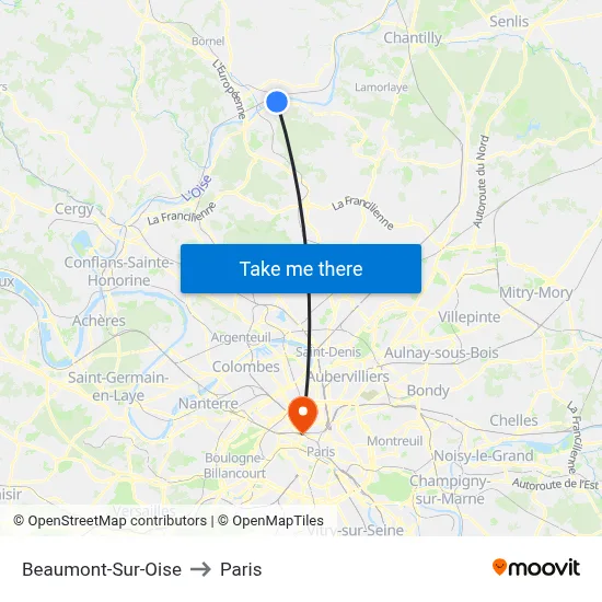 Beaumont-Sur-Oise to Paris map