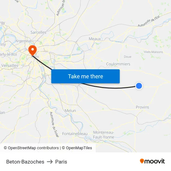 Beton-Bazoches to Paris map