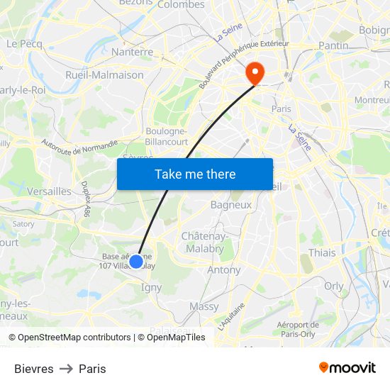 Bievres to Paris map