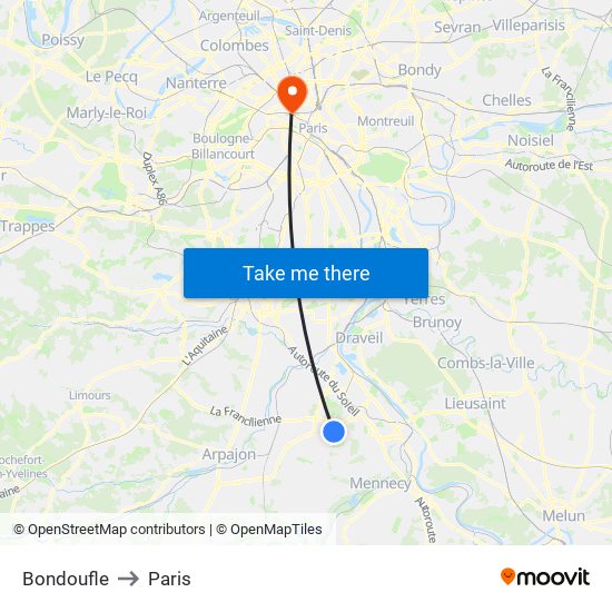 Bondoufle to Paris map