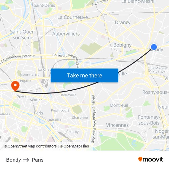 Bondy to Paris map