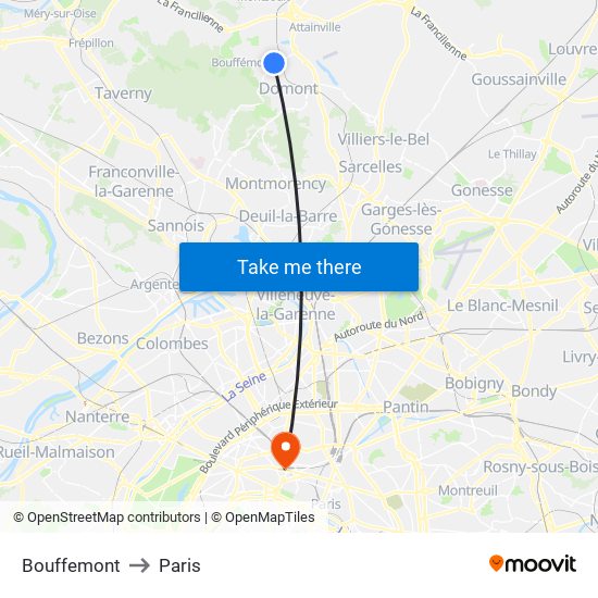 Bouffemont to Paris map