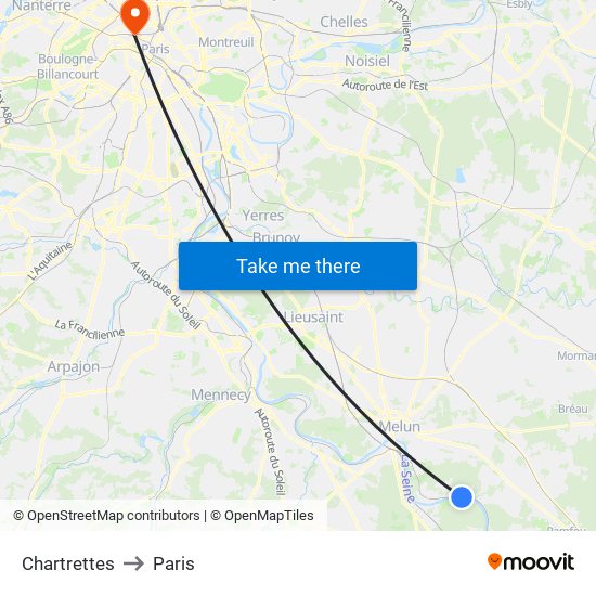 Chartrettes to Paris map